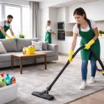 Čistilka sesa preprogo v dnevni sobi, sodelavca brišeta klubsko mizo in kuhinjo